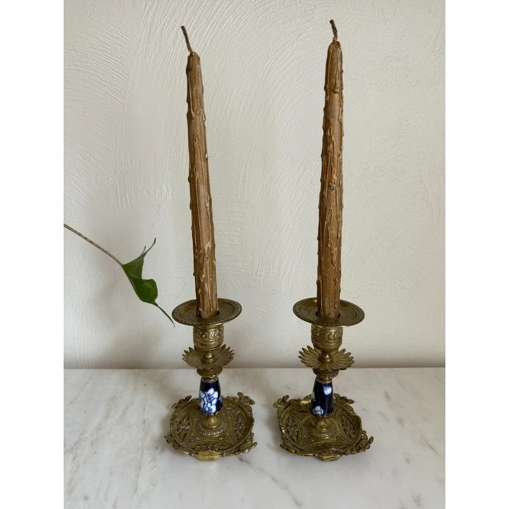 Antique Set Of Two English Aesthetic Movement Brass Candlesticks Ornate 5.5